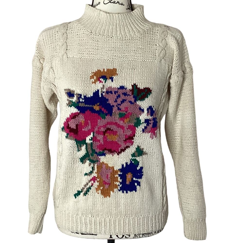 Vintage 1980s Albee Handknit Pullover Sweater Cotton Blend Floral Cottagecore
